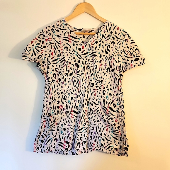 Pink Blue Purple Leopard Print Scrub Top - Picture 1 of 2